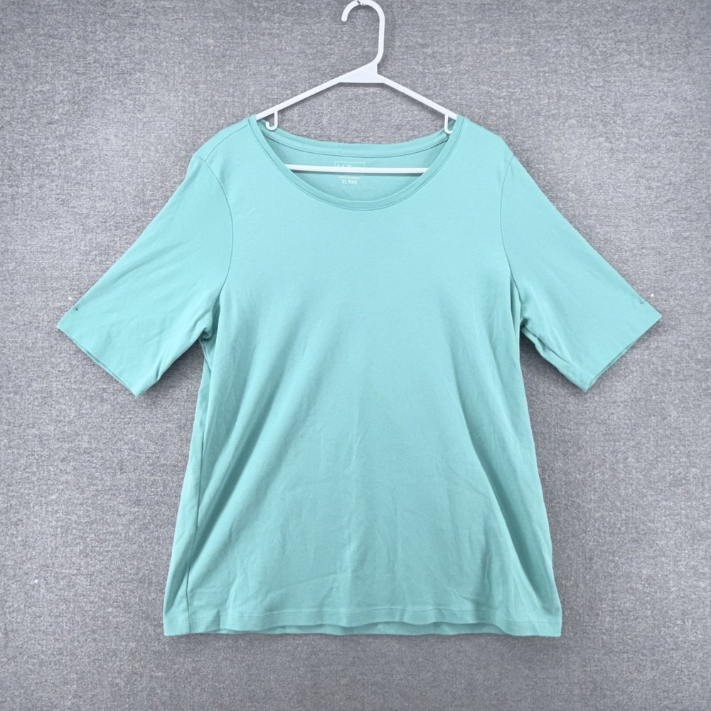LL Bean Jewelneck Tee Shirt Women Size XL Regular Green Elbow Sleeve Casual